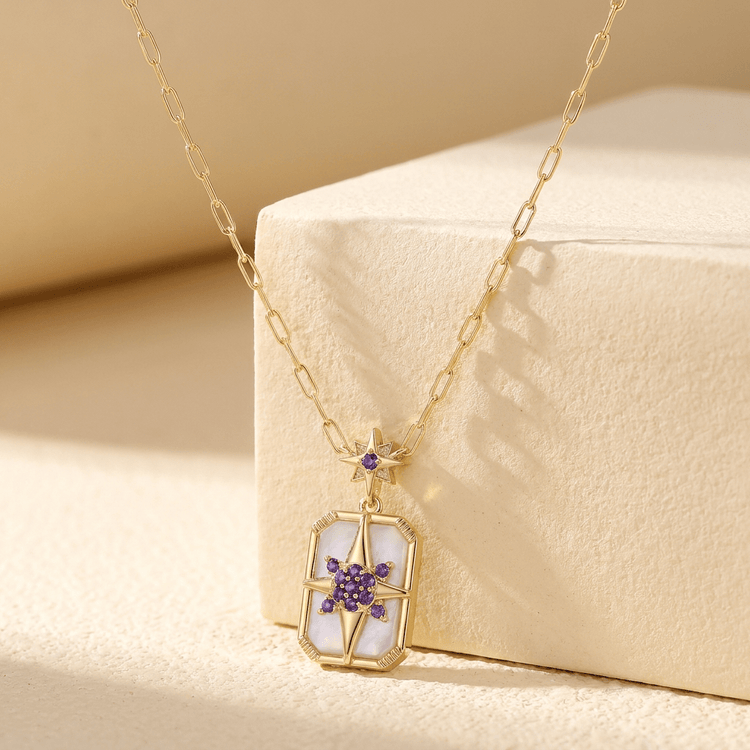Collier Venti - Doré Or jaune 18k, Pierre de lune blanche & Améthyste africaine - Maison Di Giorgio