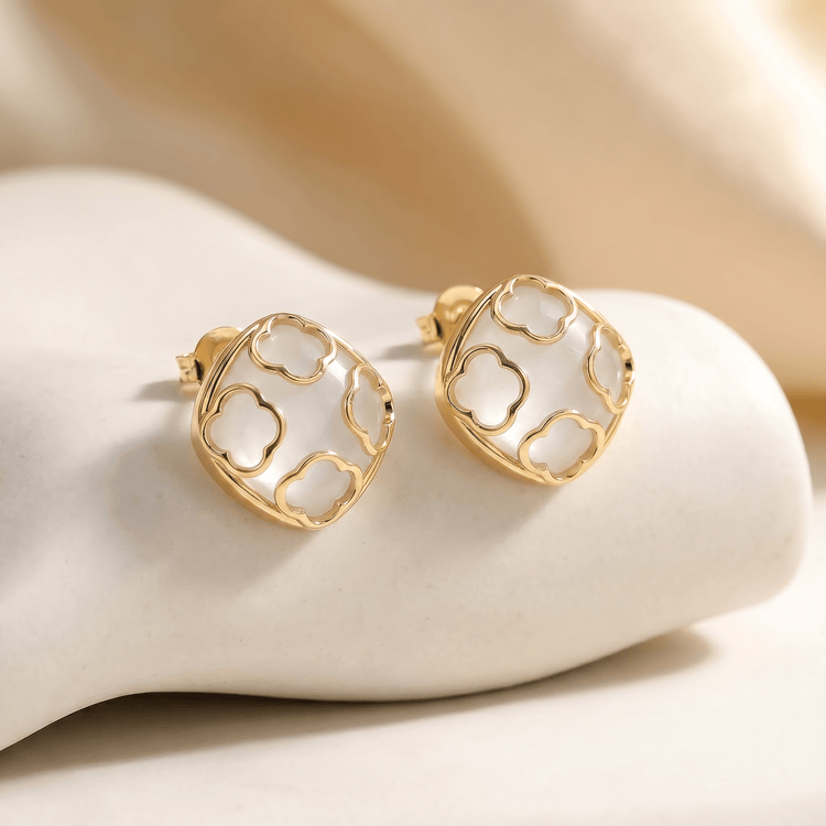 Boucles d'oreilles Fortuna - Dorées Or jaune 18k, Pierre de lune blanche - Maison Di Giorgio