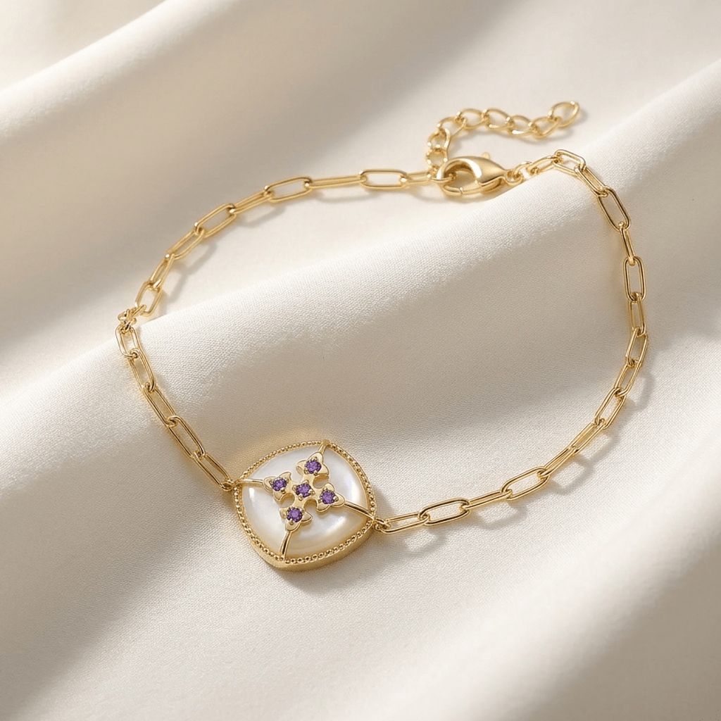 Bracelet Cardina - Doré Or jaune 18k, Pierre lune blanche & Améthyste africaine - Maison Di Giorgio