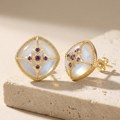 Boucles d'oreilles Cardina - Dorées Or jaune 18k, Pierre lune blanche & Améthyste africaine - Maison Di Giorgio