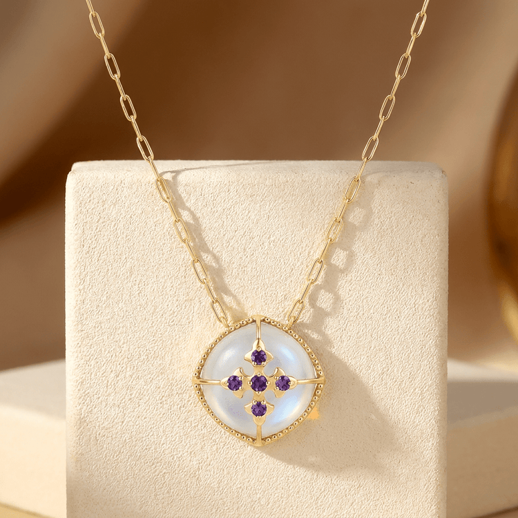 Collier Cardina - Doré Or jaune 18k, Pierre lune blanche & Améthyste africaine - Maison Di Giorgio