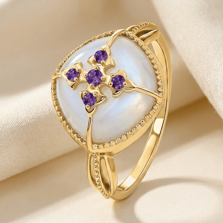 Bague Cardina - Dorée Or jaune 18k, Pierre lune blanche & Améthyste africaine - Maison Di Giorgio