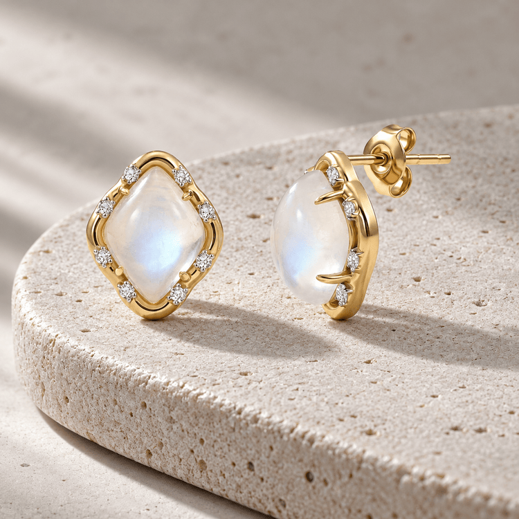 Boucles d'oreilles - Dorées Or jaune 18k et Argentées, Pierre de lune, Oxyde de zirconium - Maison Di Giorgio
