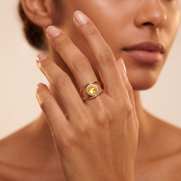 Bague Jòia - Dorée Or jaune 18k, Citrine & Oxyde de zirconium - Maison Di Giorgio