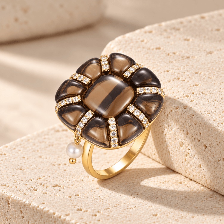 Bague - Dorée Or jaune 18k, Quartz fumé, Perle de coquille et Oxyde de zirconium - Maison Di Giorgio
