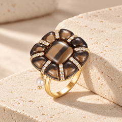 Bague - Dorée Or jaune 18k, Quartz fumé, Perle de coquille et Oxyde de zirconium - Maison Di Giorgio