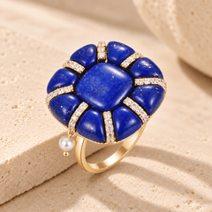 Bague - Dorée Or jaune 18k, Lapis-lazuli, Perle de coquille et Oxyde de zirconium - Maison Di Giorgio