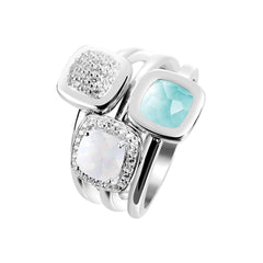 Bague en Argent 925 plaqué Rhodium assemblée de Calcédoine aqua, Pierre de lune et Oxyde de zirconium - Maison Di Giorgio