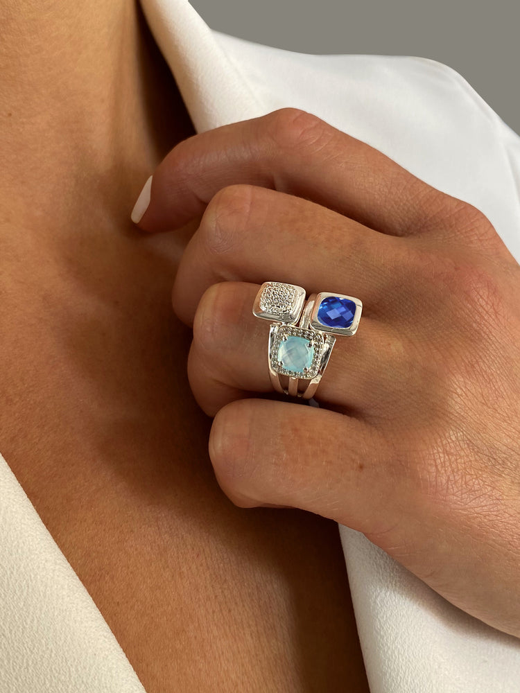 Bague en Argent 925 plaqué Rhodium et assemblée de Quartz, Calcédoine aqua et Oxyde de zirconium - Maison Di Giorgio