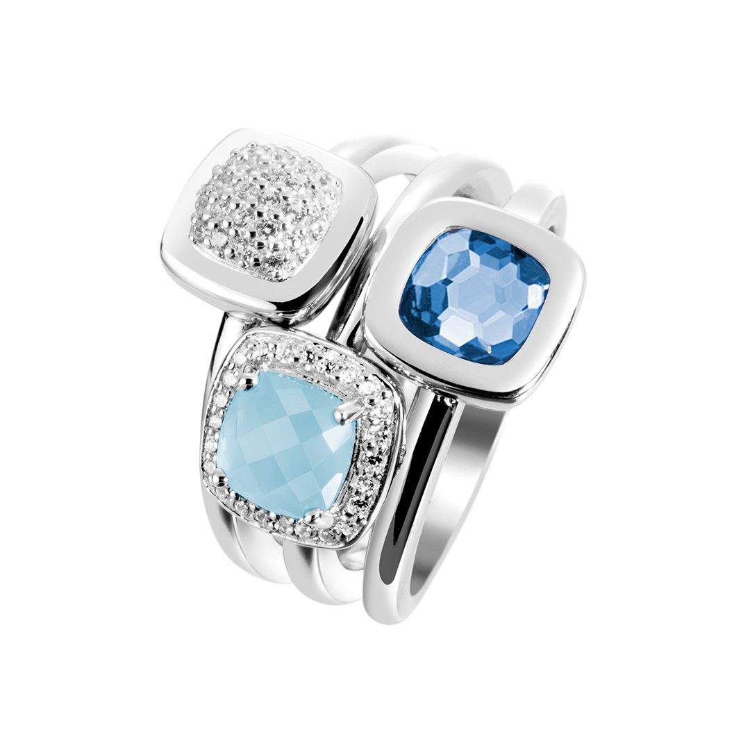 Bague en Argent 925 plaqué Rhodium et assemblée de Quartz, Calcédoine aqua et Oxyde de zirconium - Maison Di Giorgio