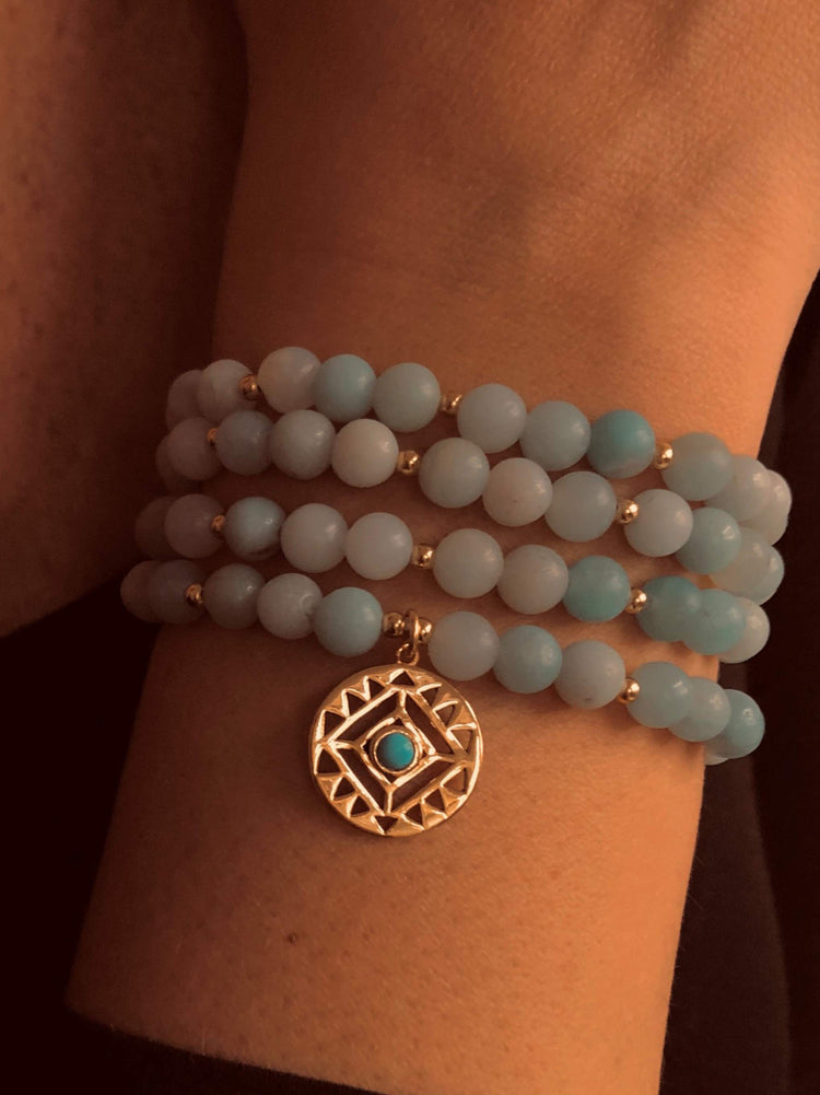 Bracelet perles assemblé d'Amazonite verte clair et d'Argent 925 doré Or jaune 18k - Maison Di Giorgio