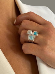 Bague en Argent 925 assemblée de Calcédoine aqua, Turquoise et Oxyde de zirconium - Maison Di Giorgio