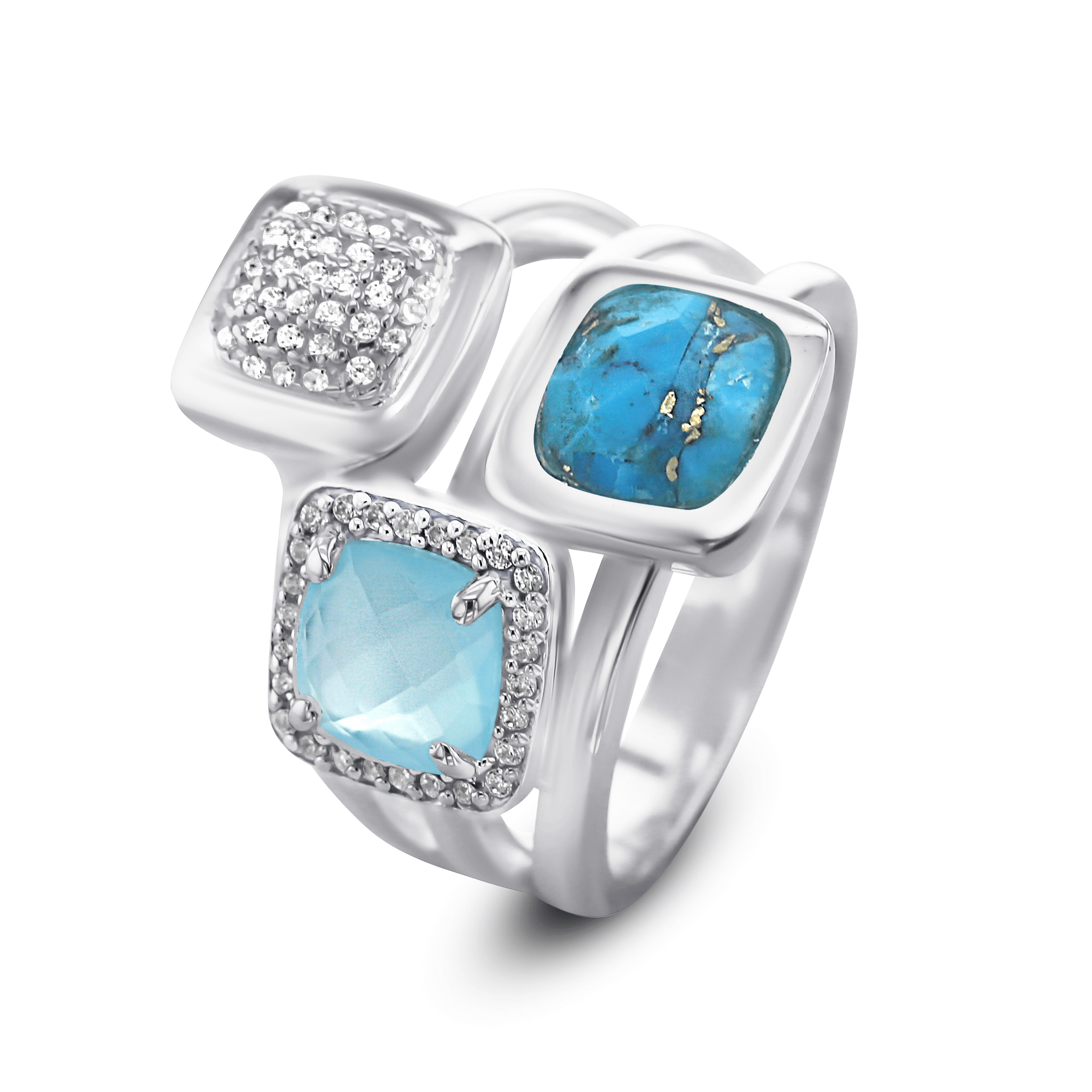 Bague en Argent 925 assemblée de Calcédoine aqua, Turquoise et Oxyde de zirconium - Maison Di Giorgio