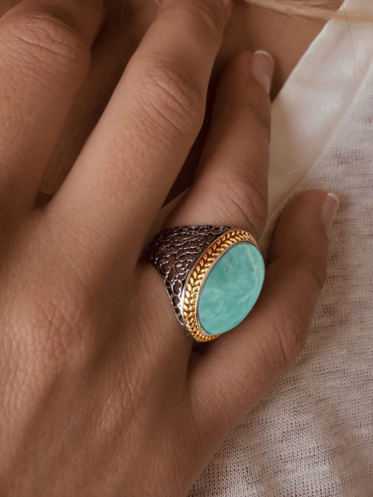 Bague en Argent 925 plaqué Rhodium et Or jaune 18k assemblée d'Amazonite verte - Maison Di Giorgio
