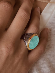 Bague en Argent 925 plaqué Rhodium et Or jaune 18k assemblée d'Amazonite verte - Maison Di Giorgio