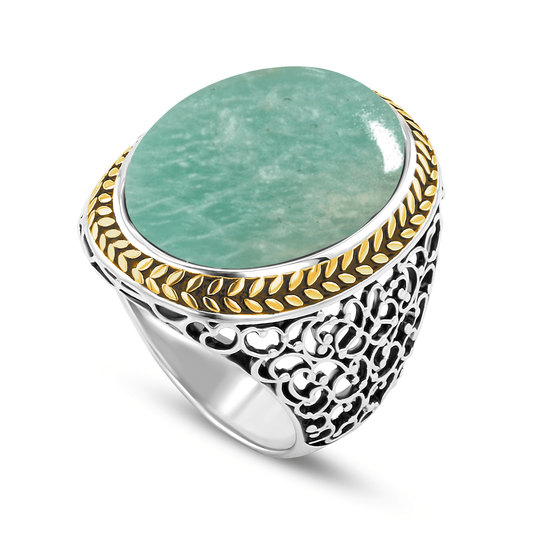 Bague en Argent 925 plaqué Rhodium et Or jaune 18k assemblée d'Amazonite verte - Maison Di Giorgio