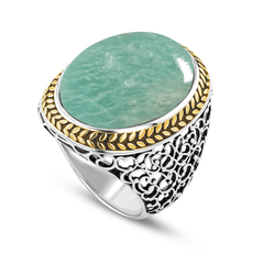 Bague en Argent 925 plaqué Rhodium et Or jaune 18k assemblée d'Amazonite verte - Maison Di Giorgio