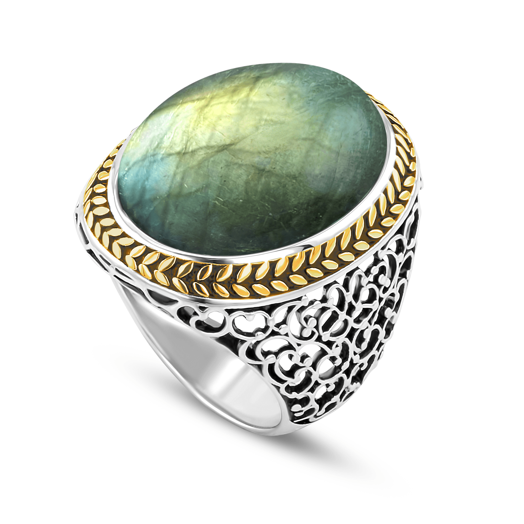 Bague en Argent 925 partiellement doré Or jaune 18k assemblée de Labradorite - Maison Di Giorgio