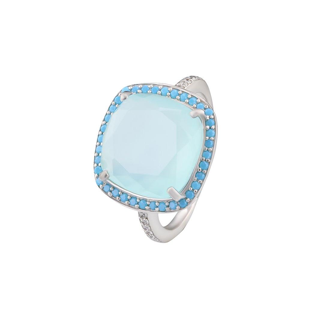 Bague en Argent 925 plaqué Rhodium assemblée de Calcédoine aqua, Turquoise nano et Oxyde de zirconium - Maison Di Giorgio