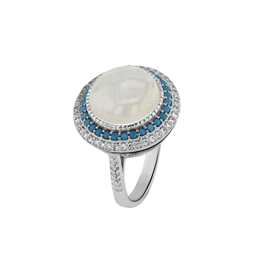 Bague en Argent 925 plaqué Rhodium et assemblée de Pierre de lune, Turquoise nano et Oxyde de zirconium - Maison Di Giorgio