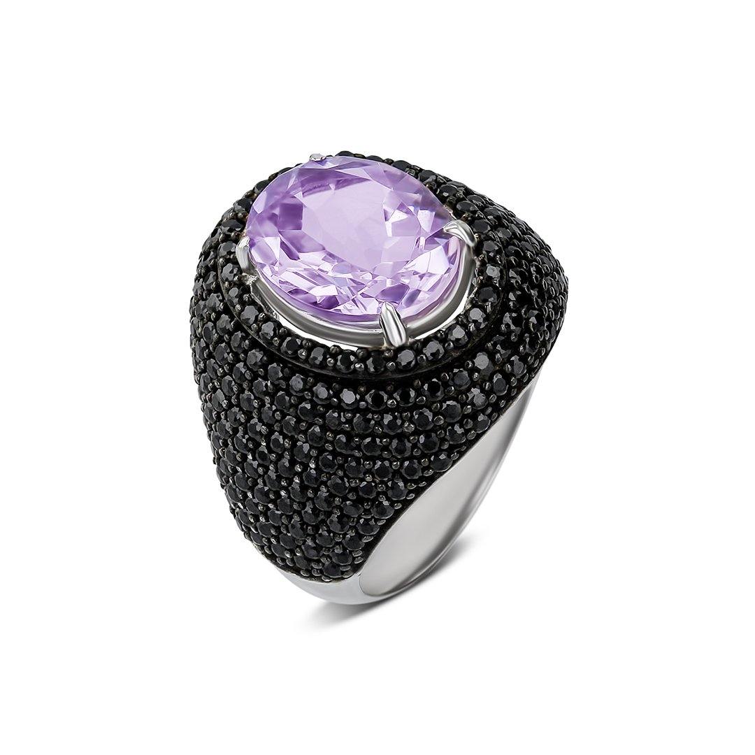 Bague en Argent 925 plaqué Rhodium noir et blanc assemblée d'Améthyste et Spinelle noire - Maison Di Giorgio