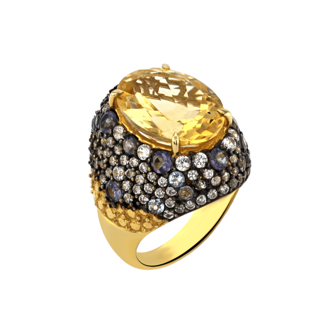Bague en Argent 925 doré Or jaune 18k et assemblée de Citrine, Topaze bleue et Oxyde de zirconium - Maison Di Giorgio