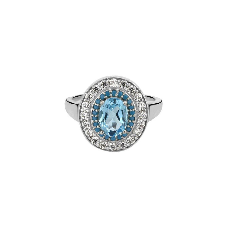 Bague en Argent 925 plaqué Rhodium assemblée de Topaze bleu ciel, Turquoise nano et Oxyde de zirconium - Maison Di Giorgio