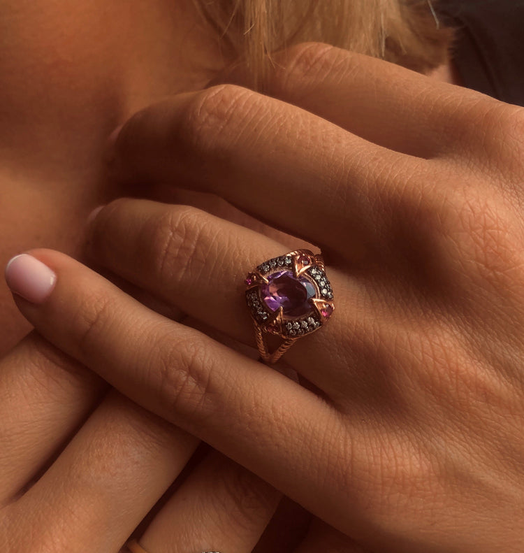 Bague en Argent 925 doré Or rose 18k assemblée d'Améthyste et Oxyde de zirconium - Maison Di Giorgio