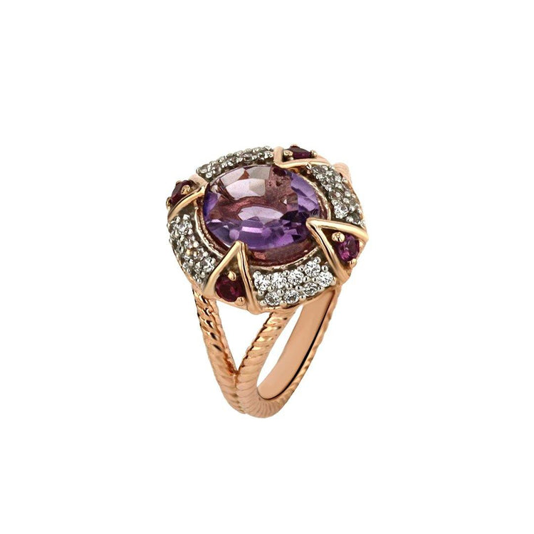 Bague en Argent 925 doré Or rose 18k assemblée d'Améthyste et Oxyde de zirconium - Maison Di Giorgio