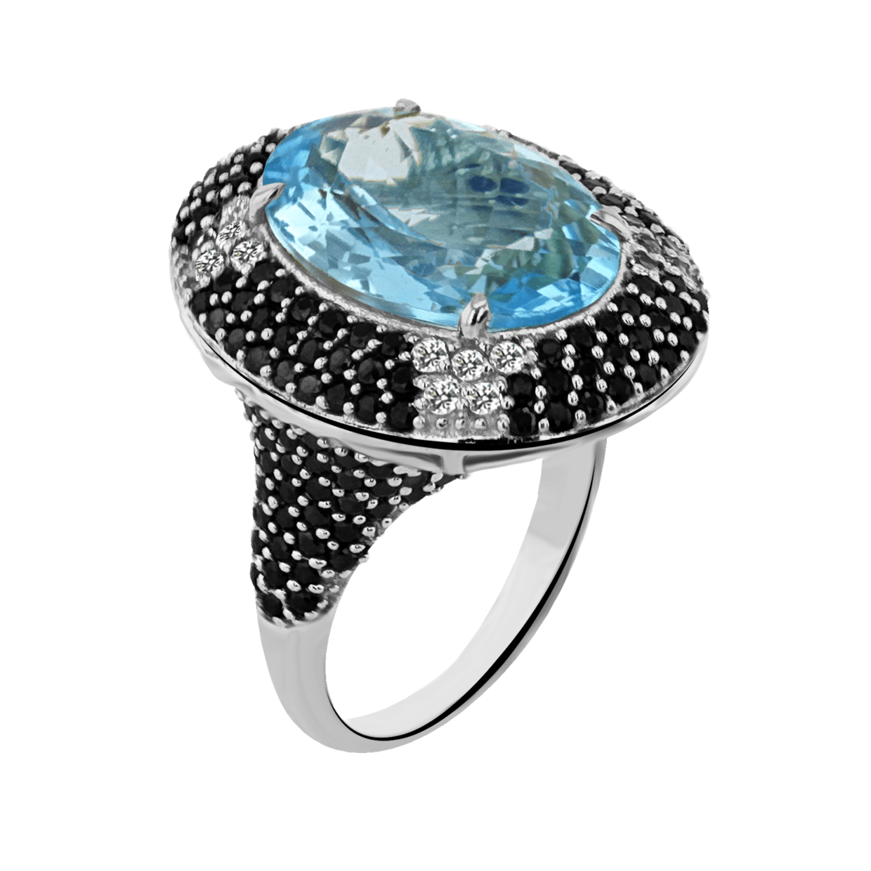 Bague en Argent 925 plaqué Rhodium assemblée de Topaze bleue, Spinelle noire et Oxyde de zirconium - Maison Di Giorgio