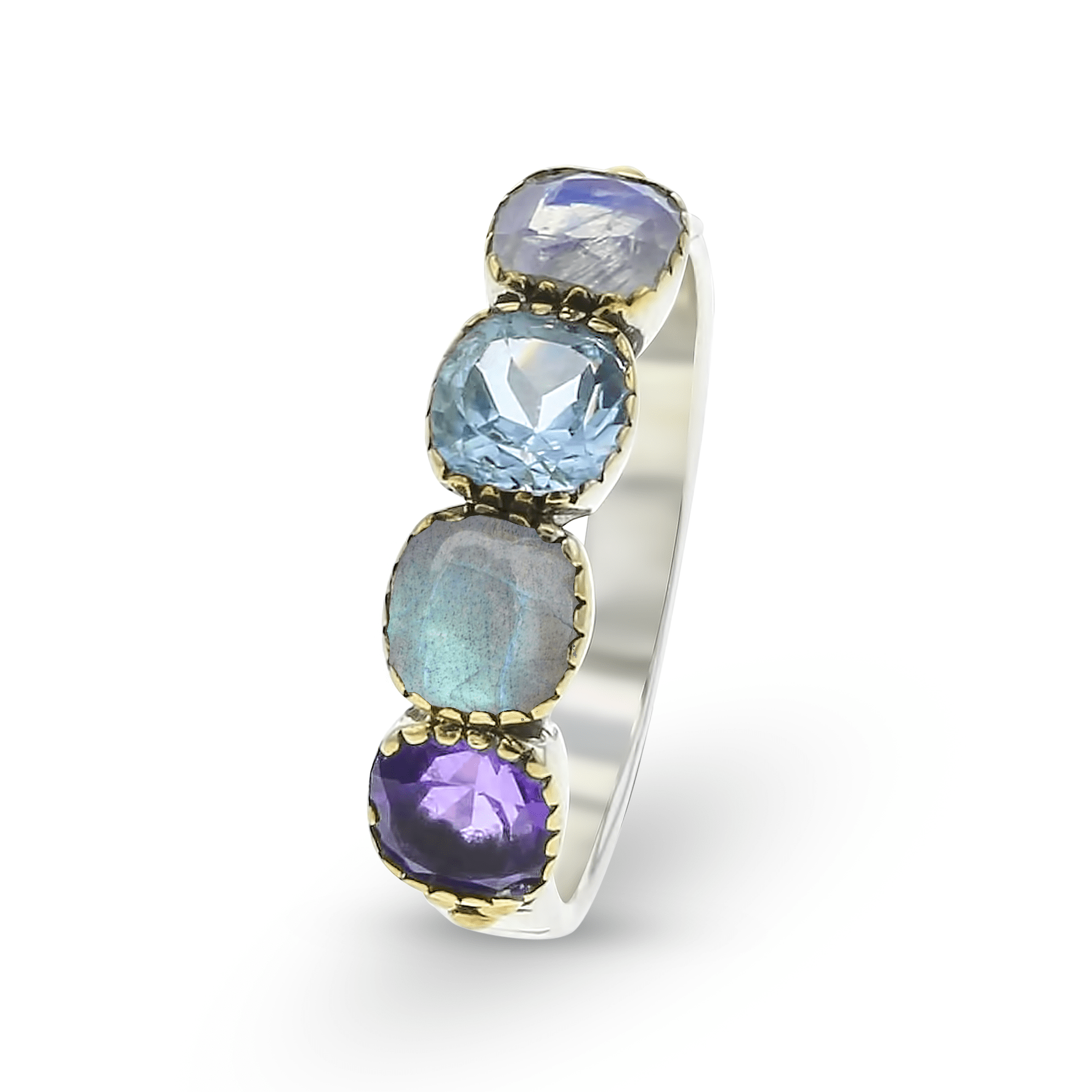 Bague en Argent 925 plaqué Rhodium et Or jaune 18k assemblée de Labradorite, Pierre de lune et Topaze bleu suisse - Maison Di Giorgio