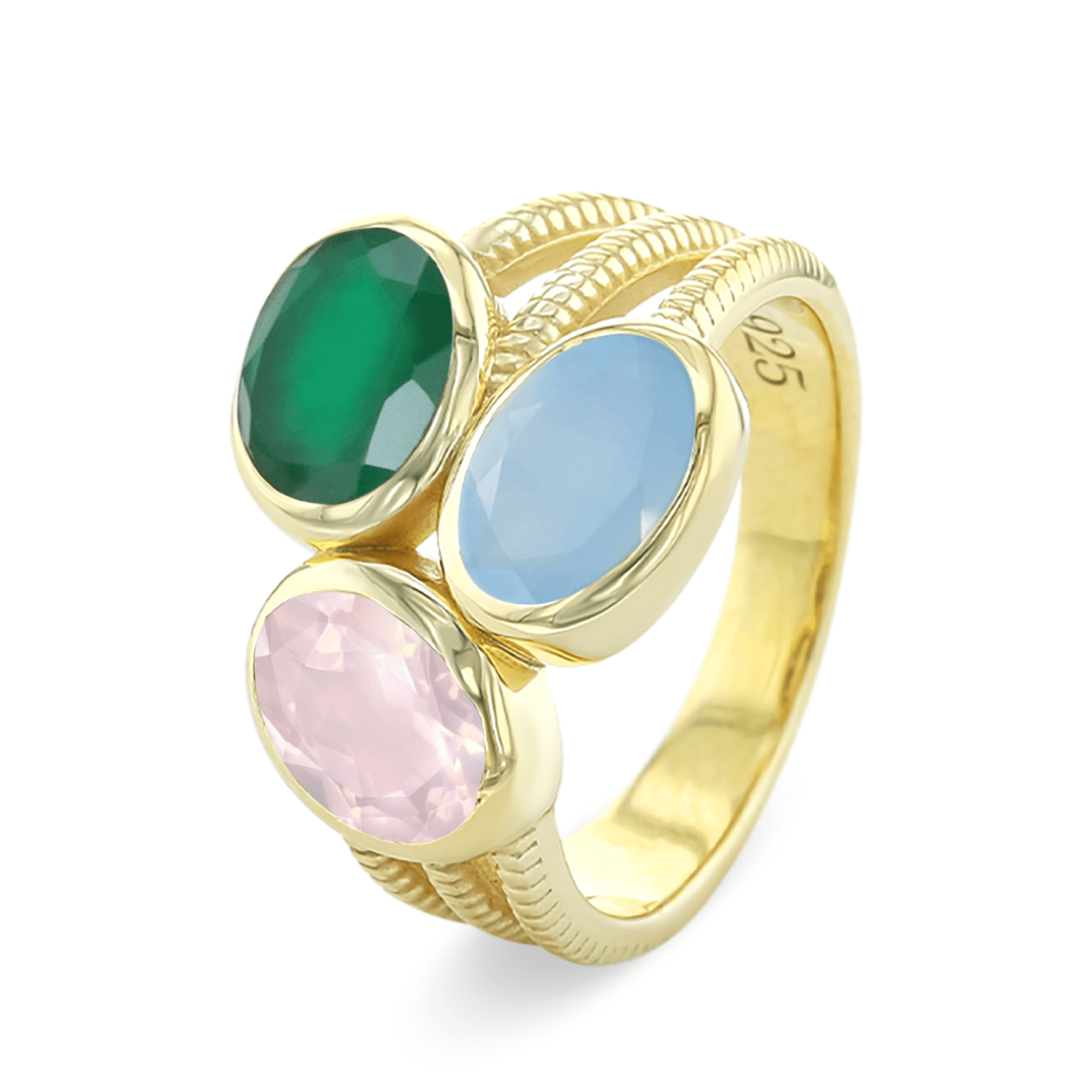 Bague en Argent 925 doré Or jaune 18k assemblée de Calcédoine Aqua, Quartz rose et Onyx vert - Maison Di Giorgio