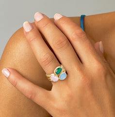 Bague en Argent 925 doré Or jaune 18k assemblée de Calcédoine Aqua, Quartz rose et Onyx vert - Maison Di Giorgio