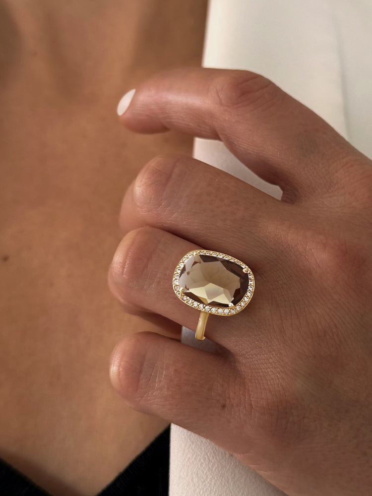 Bague en Argent 925 doré Or jaune 18k assemblée de Quartz fumé et Oxyde de zirconium - Maison Di Giorgio