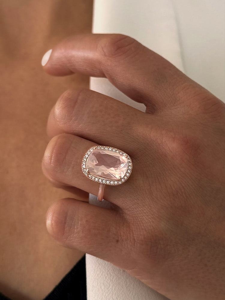 Bague en Argent 925 doré Or rose 18k assemblée de Quartz rose et Oxyde de zirconium blanc - Maison Di Giorgio