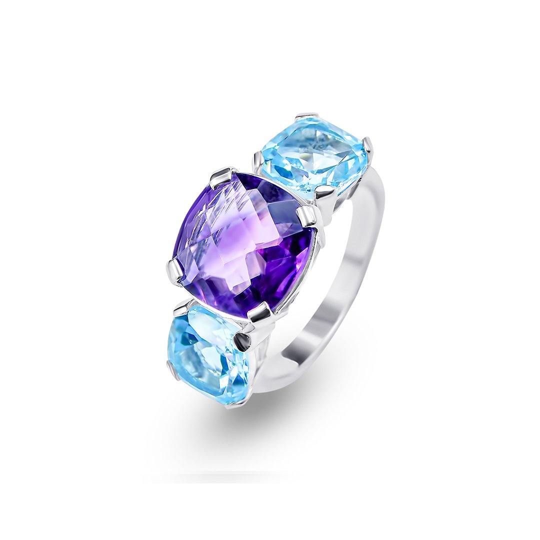 Bague en Argent 925 plaqué Rhodium et assemblée d'Améthyste et Topaze bleue - Maison Di Giorgio