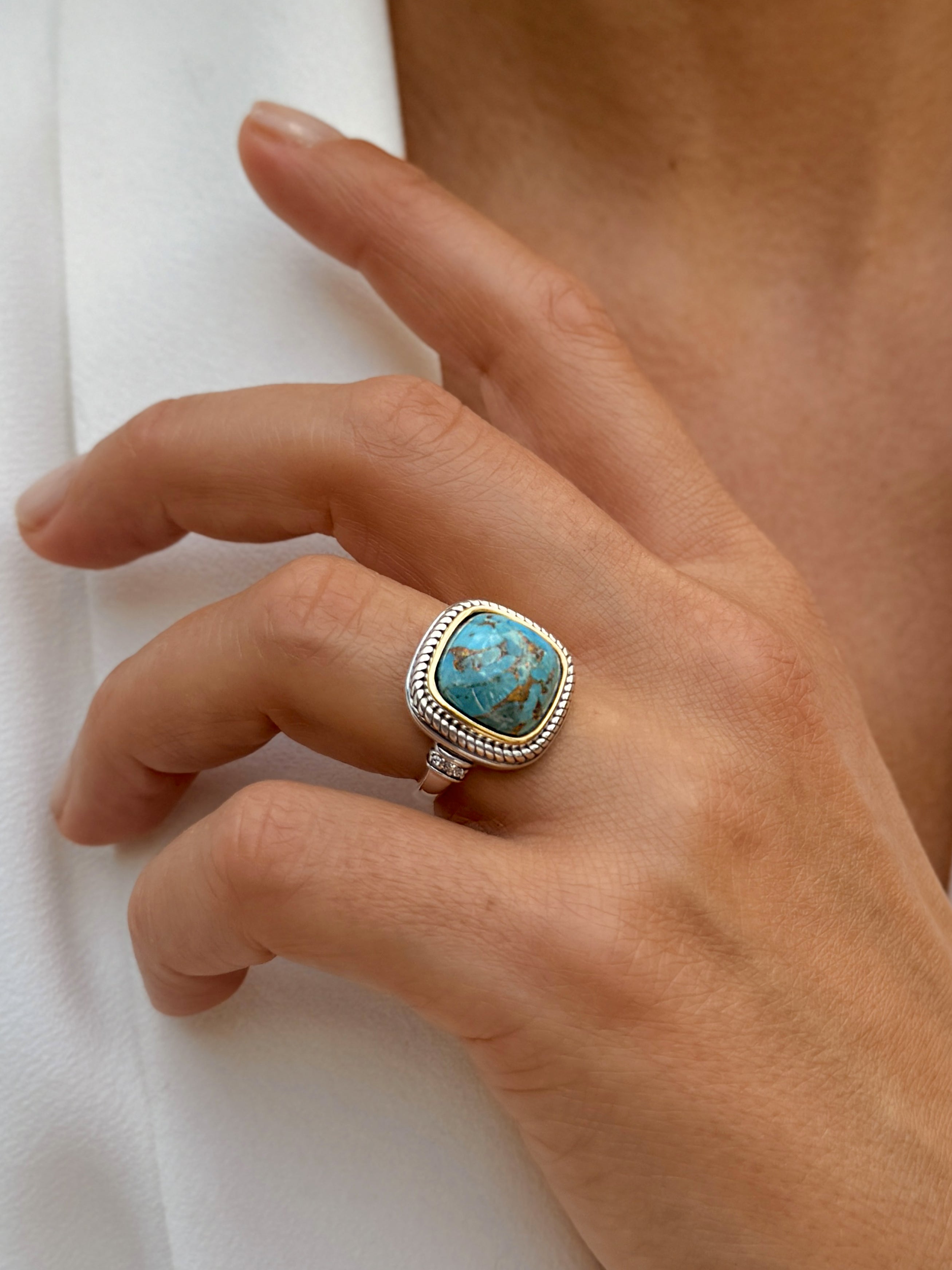 Bague en Argent 925 partiellement doré Or jaune 18k assemblée de Turquoise - Maison Di Giorgio