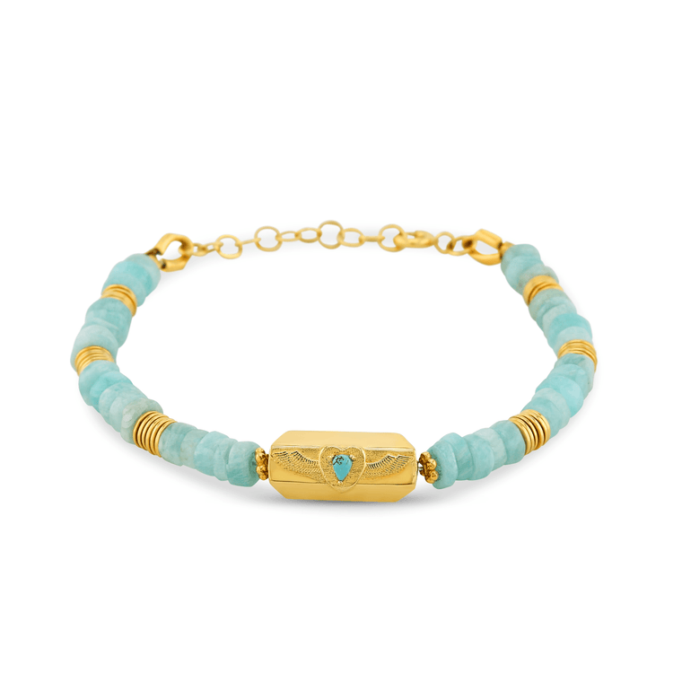 Bracelet perles doré Or jaune 18k assemblé d'Amazonite et Turquoise - Maison Di Giorgio