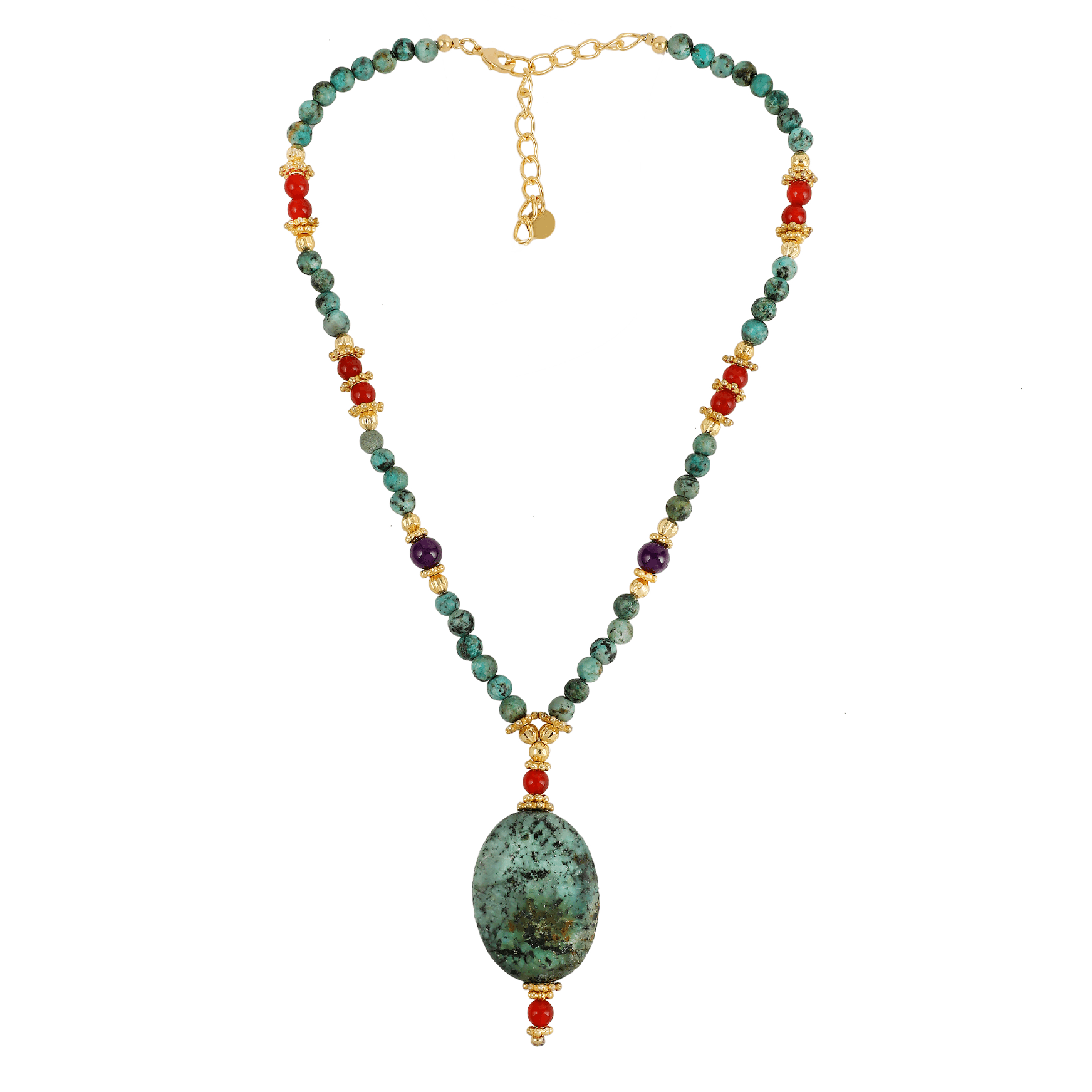 Collier perles doré Or jaune 18k assemblé de turquoise, onyx rouge et agate mousse - Maison Di Giorgio