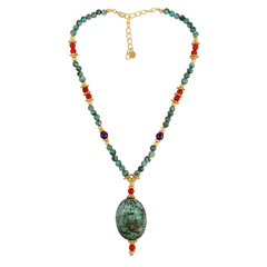 Collier perles doré Or jaune 18k assemblé de turquoise, onyx rouge et agate mousse - Maison Di Giorgio
