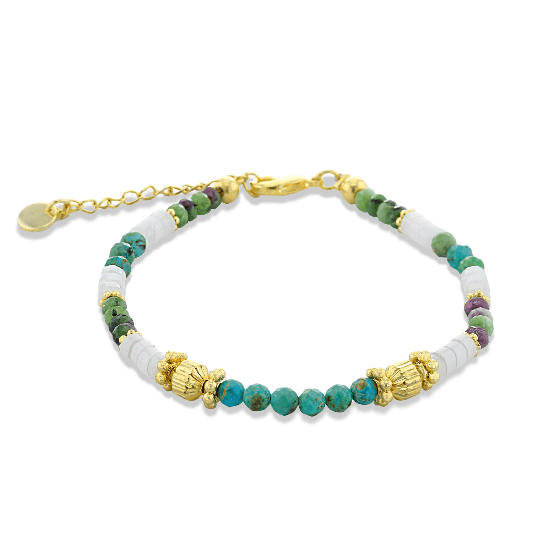 Bracelet perles doré en Or jaune 18k assemblé de Zoisite, Pierre de lune et Turquoise - Maison Di Giorgio