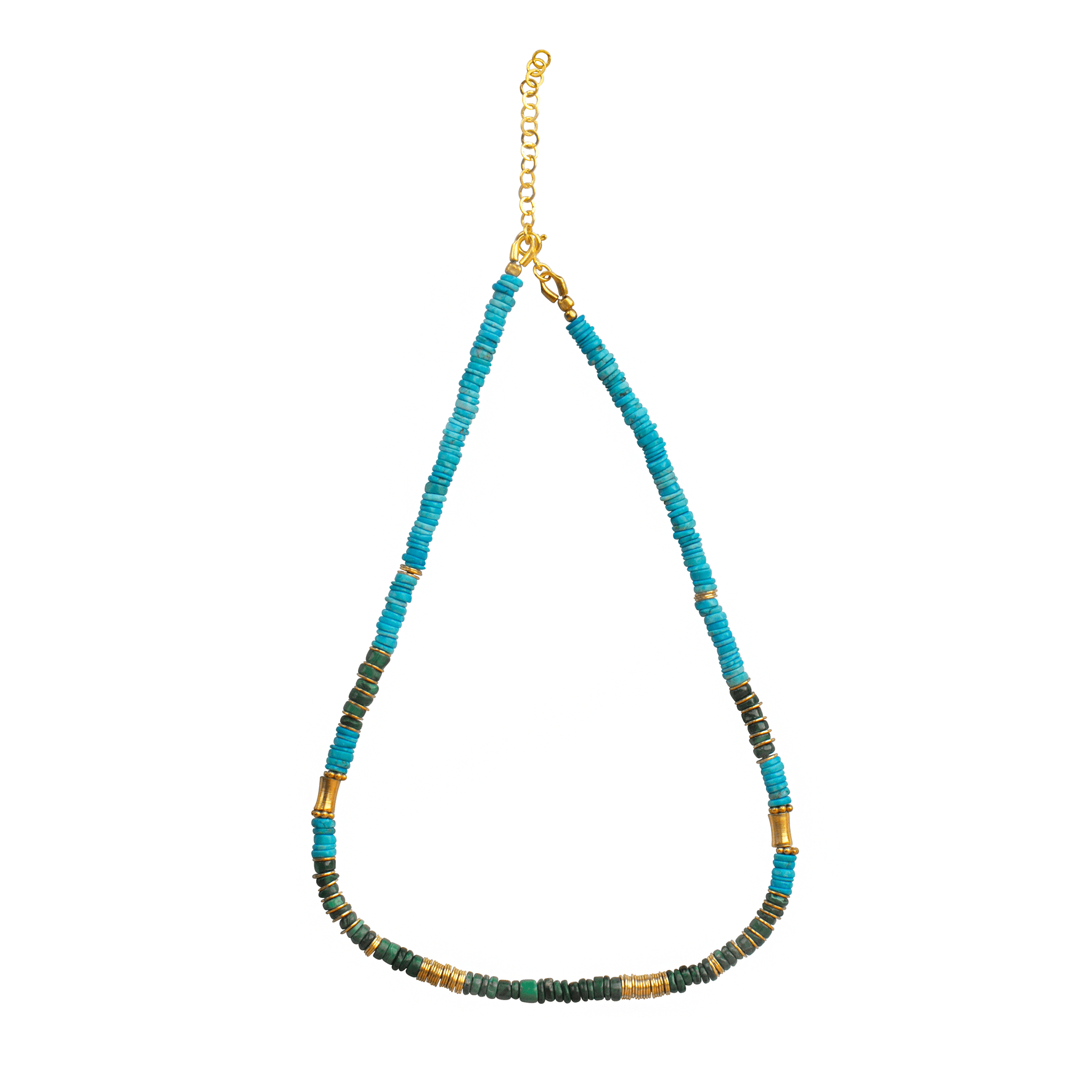 Collier perles doré Or jaune 18k assemblé de turquoise et malachite - Maison Di Giorgio