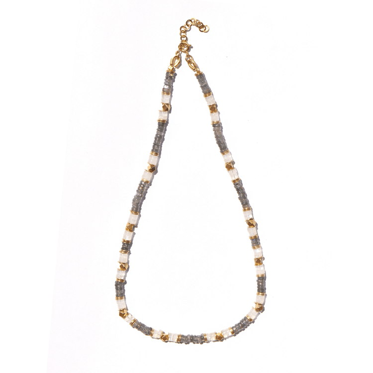 Collier perles doré Or jaune 18k assemblé de labradorite et pierre de lune - Maison Di Giorgio