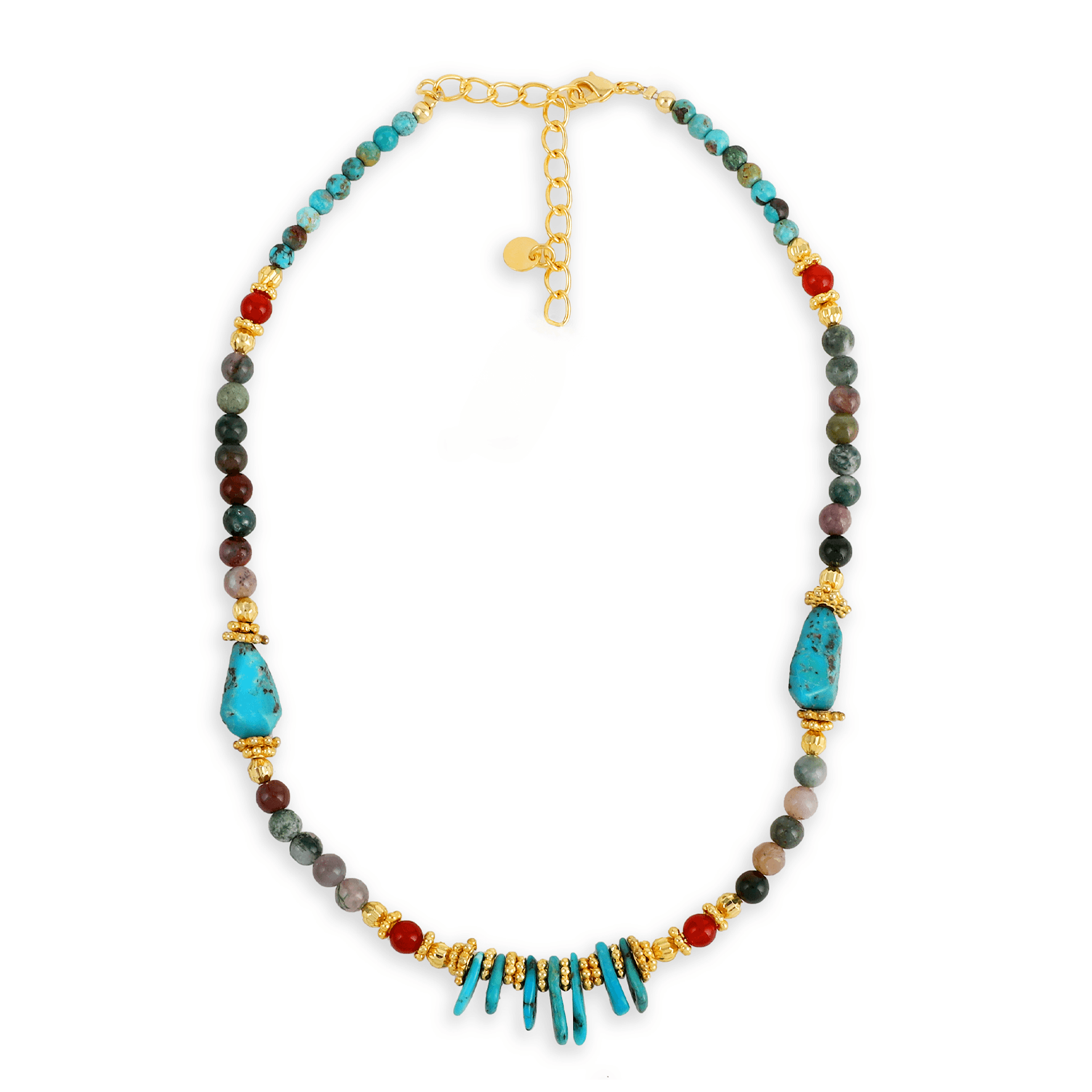 Collier perles doré Or jaune 18k assemblé de turquoise, onyx rouge et agate mousse - Maison Di Giorgio