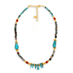 Collier perles doré Or jaune 18k assemblé de turquoise, onyx rouge et agate mousse - Maison Di Giorgio
