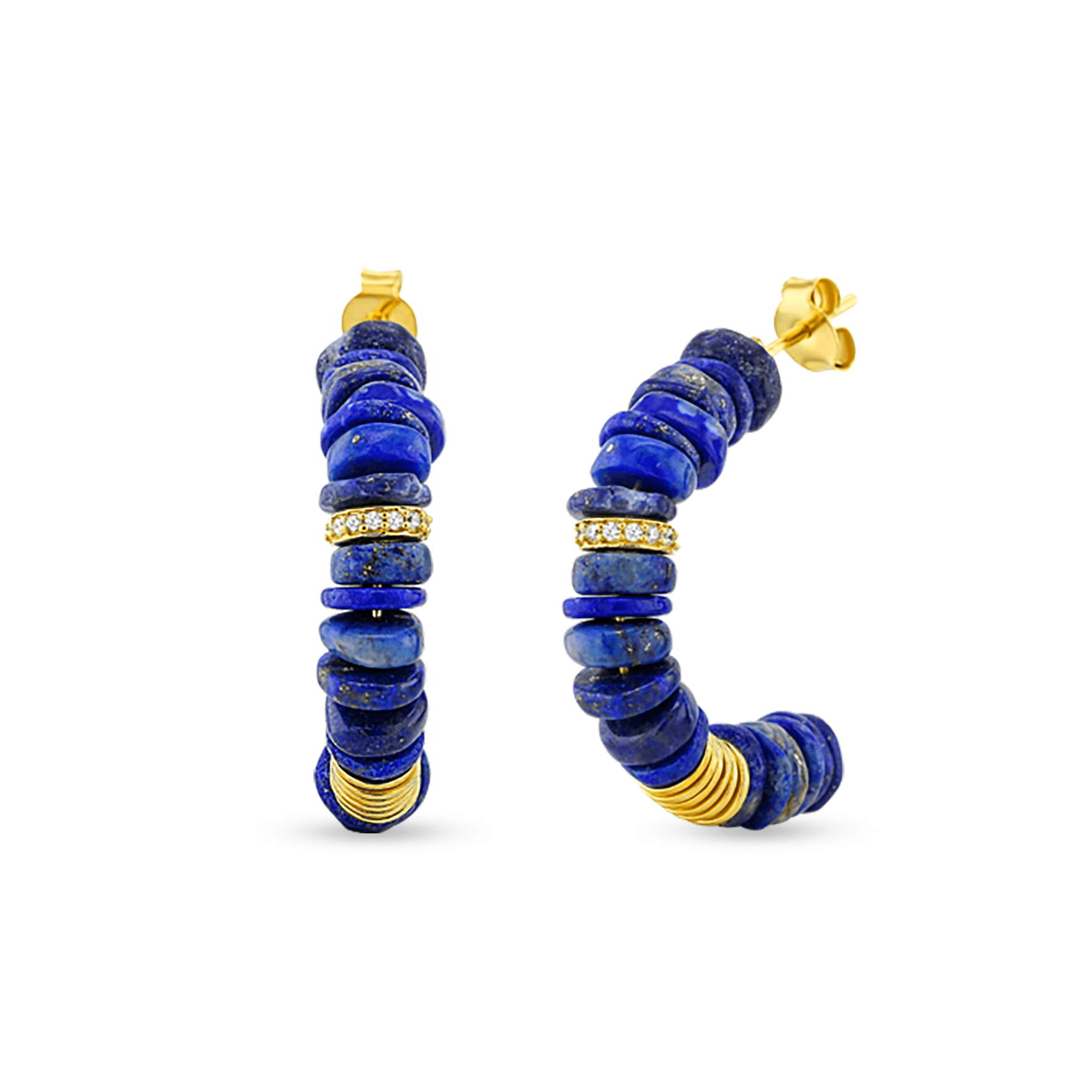 Boucles d'oreilles dorées Or jaune 18k assemblées de Lapis - lazuli et Oxyde de zirconium - Maison Di Giorgio