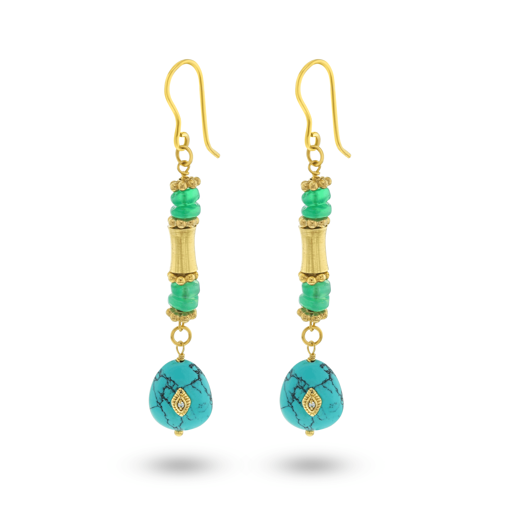 Boucles d'oreilles dorées Or jaune 18k assemblées d'Onyx vert, Turquoise et Oxyde de zirconium - Maison Di Giorgio