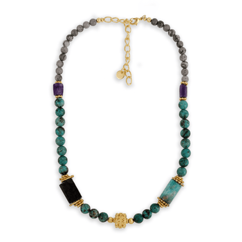 Collier doré Or jaune 18k, Jaspe Picasso, Charoite, Turquoise, Amazonite, Onyx noir - Maison Di Giorgio