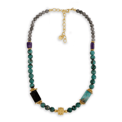 Collier doré Or jaune 18k, Jaspe Picasso, Charoite, Turquoise, Amazonite, Onyx noir - Maison Di Giorgio