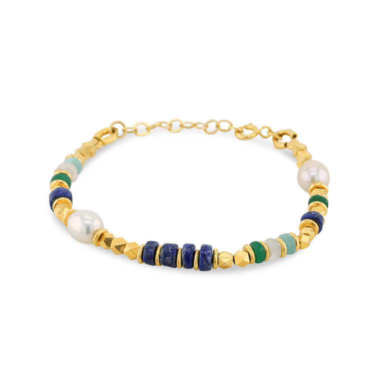 Bracelet doré Or jaune 18k, Lapis-lazuli, Onyx vert, Pierre de lune, Perle - Maison Di Giorgio